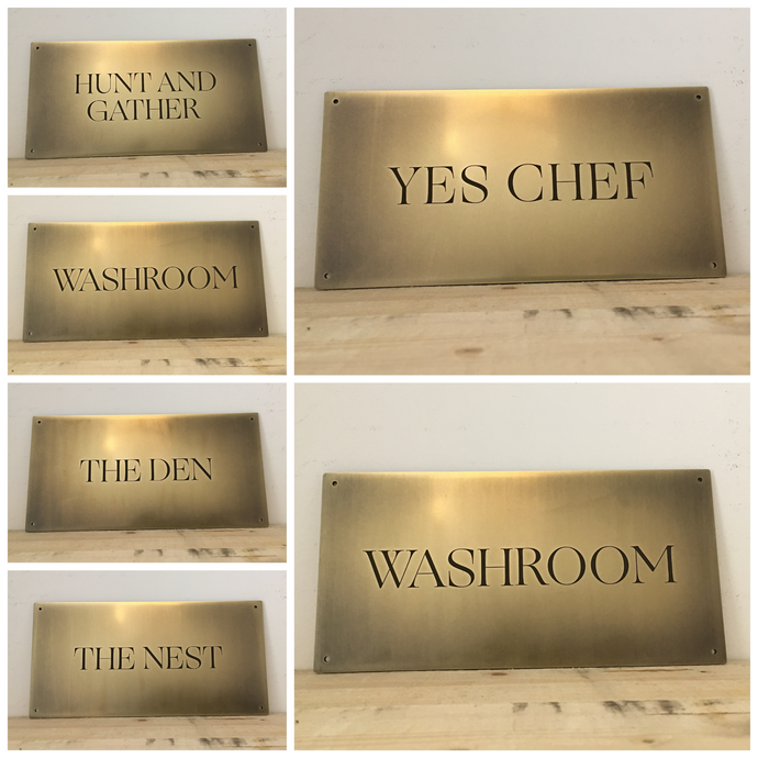Recent Work: Set of 6 Antiqued Brass Signs with Custom Font