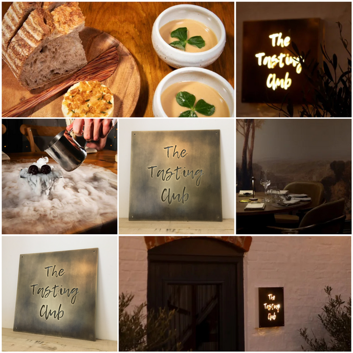 Recent Work: Backlit Aged Brass Cut-Through Sign for The Tasting Club