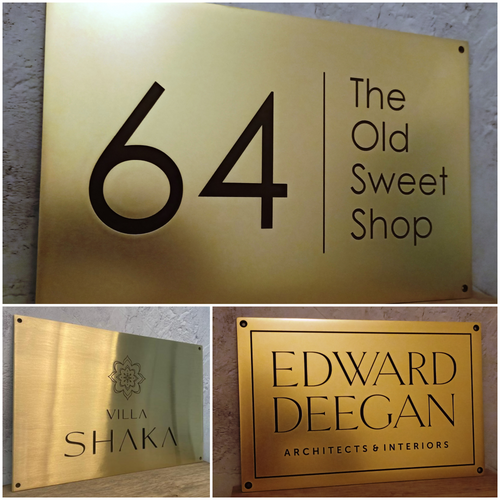 Brass plaques and signage made to order, custom engraved text and logos, made from solid brass metal by 3Dprintshed