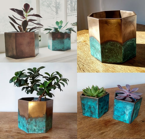 Rustic bronze planters - bronze oxidised plant pots with and without patina - 3Dprintshed - Wall art & home decor in bronze, copper, iron & stone