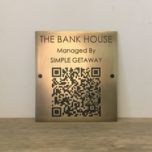 Brass plaque with engraved text and QR code, custom-made by 3Dprintshed