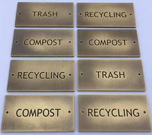 Set of aged brass recycling and trash labels, made from solid brass by 3Dprintshed