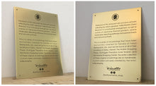 Solid brass artist dedication plaque with custom text and branding, deeply engraved into solid brass with a polished finish - made by 3Dprintshed