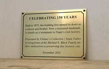 Brass celebration building plaque with engraved custom text, design and border - custom-made by 3Dprintshed