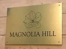 Brass metal sign with 'Magnolia Hill' and a magnolia flower design engraved - 3Dprintshed