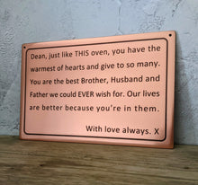 Copper plaque with engraved heartfelt message.