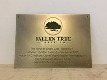 Brass plaque with engraved 'Fallen Tree Table Co' branding and product details - made by 3Dprintshed