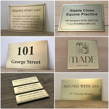 Collection of various brass signs and plaques with custom text and design, engraved into solid brass metal - made by 3Dprintshed