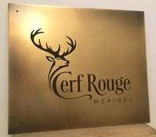 Custom brass business sign made from thick brass with personalized engraved logo, hand-made to order