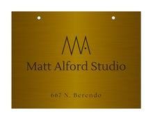Mock-up of double-sided blade signage with custom logo, made in solid brass.